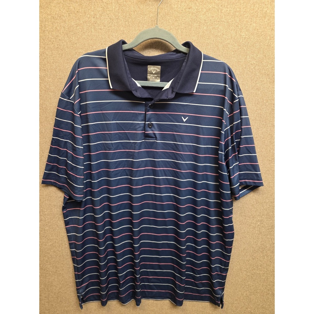 Callaway‎ Opti-Dri Mens XL Golf Polo Shirt Navy Blue Pink Striped Short Sleeve